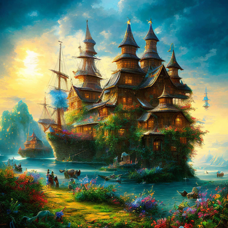 Lush riverside painting with vibrant buildings, ship, and abundant flora