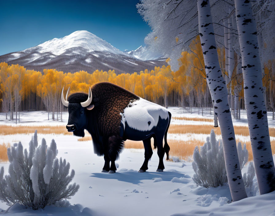 Bison in snowy landscape with trees and mountain scenery