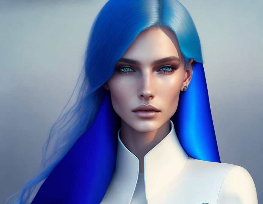 Digital artwork featuring person with blue ombré hair and striking blue eyes