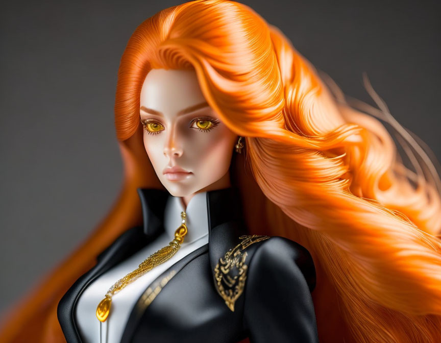 Detailed figure of a woman with orange hair, golden eyes, in black suit with gold accents.