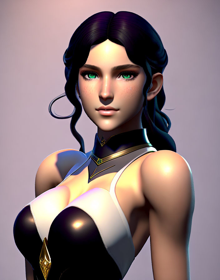 Female character 3D render: green eyes, dark hair, pale skin, futuristic attire