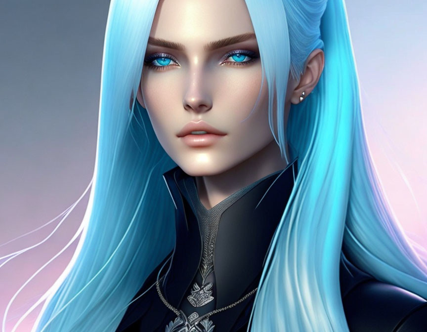 Character with Blue Eyes and Hair in Black Outfit with Silver Patterns