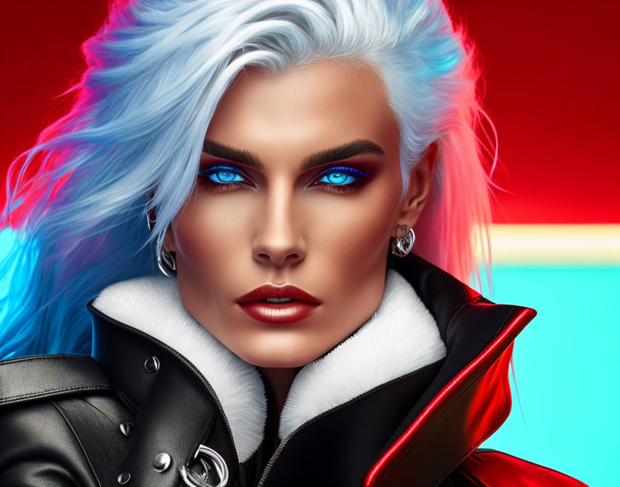 Striking blue-eyed person with icy hair in black and red jacket