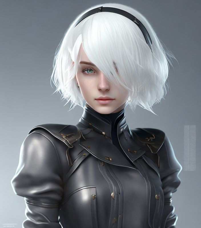 Female character with short white hair and blue eyes in black leather outfit with gold detail and headphone-like accessory