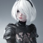 Female character with short white hair and blue eyes in black leather outfit with gold detail and headphone-like accessory