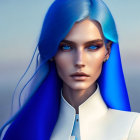 Digital artwork featuring person with blue ombré hair and striking blue eyes