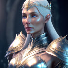 Elven character in silver armor and crown against natural backdrop