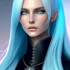 Character with Blue Eyes and Hair in Black Outfit with Silver Patterns