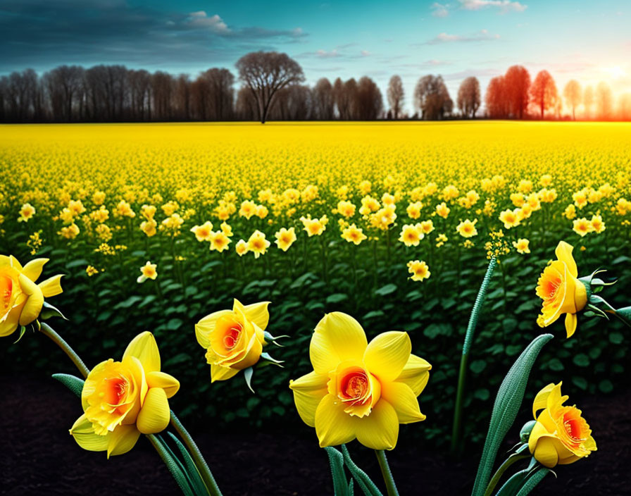 Beautiful yellow daffodils in a sunset field with tree backdrop