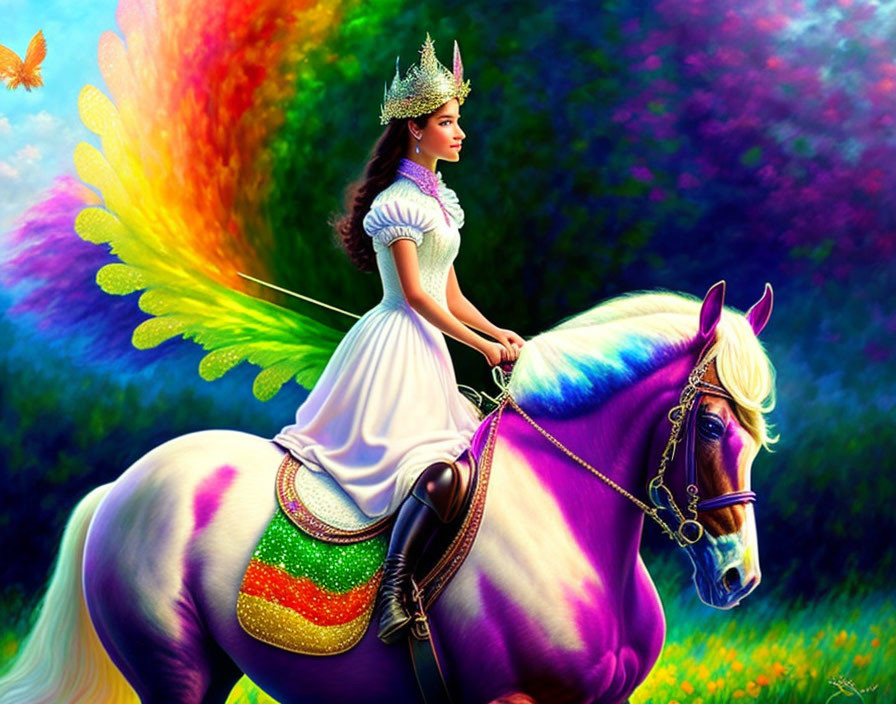 Woman in white dress on multicolored horse with butterfly wings in floral setting