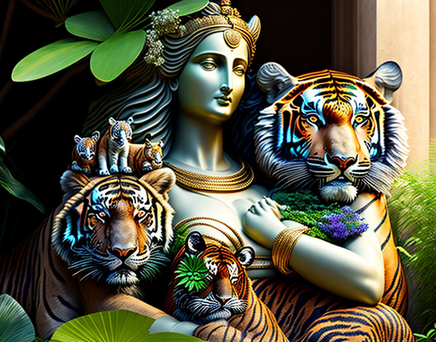 Vibrant portrait of a woman with crown and tigers in lush setting