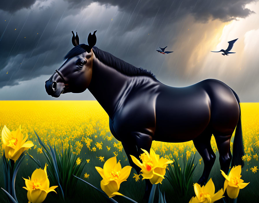 Black horse in vibrant field with stormy sky and birds