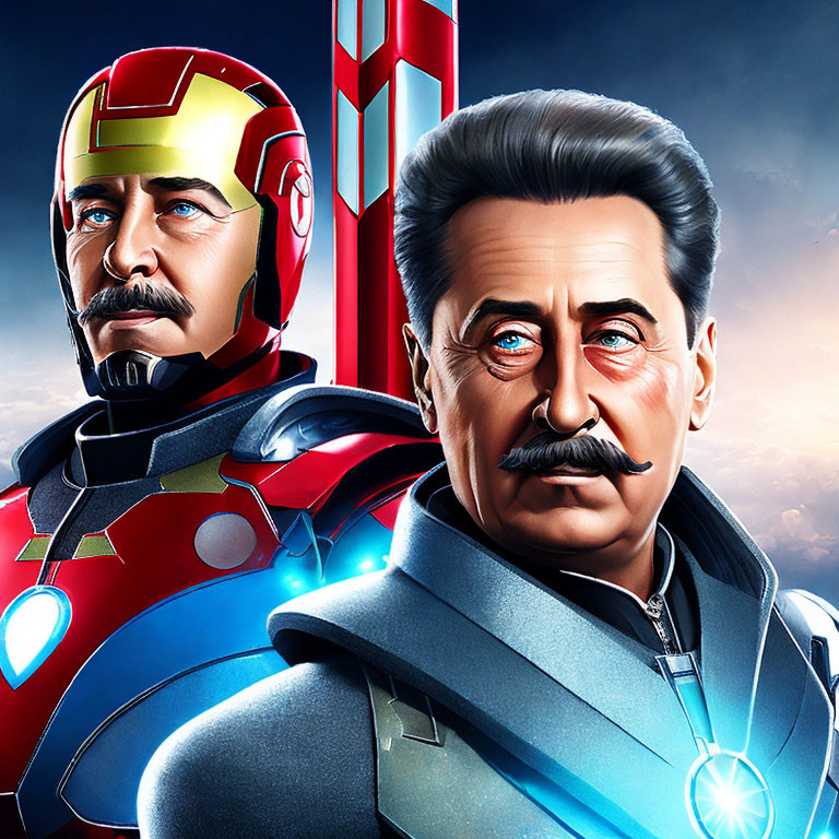 Male figures in Iron Man and futuristic armor gaze confidently on blue background