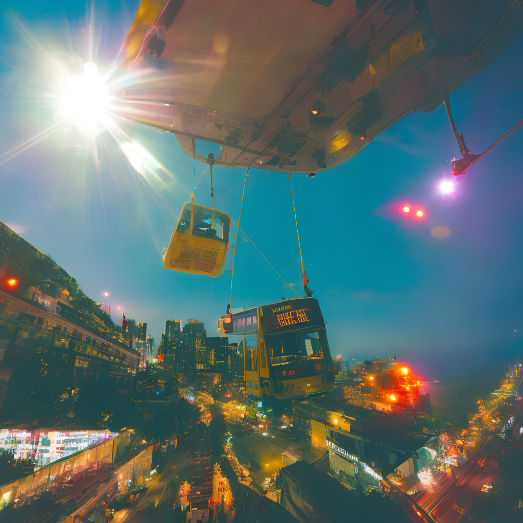 Nighttime futuristic cityscape with illuminated streets, cable cars, and bright starburst light.