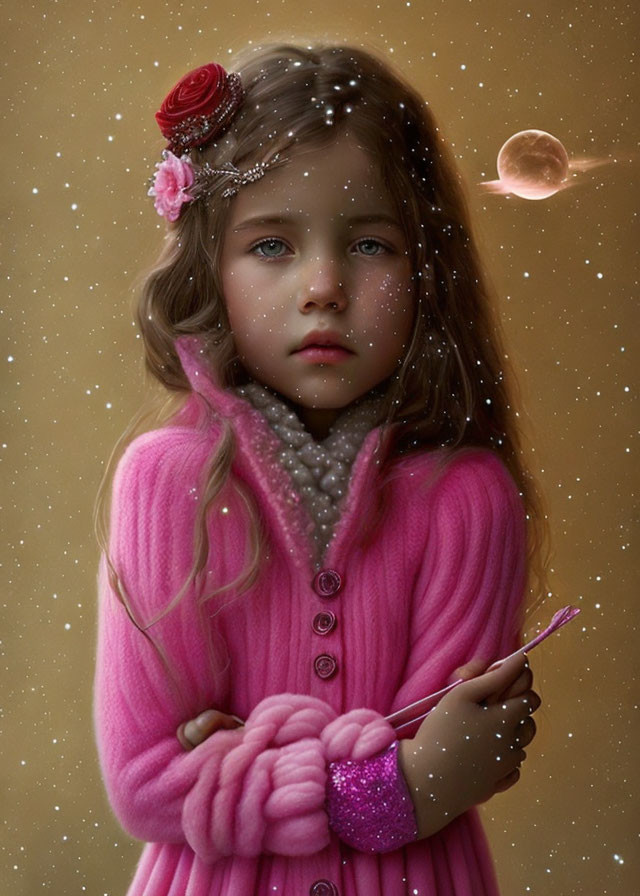 Young girl in pink sweater holding sparkly object surrounded by ethereal lights and planet image