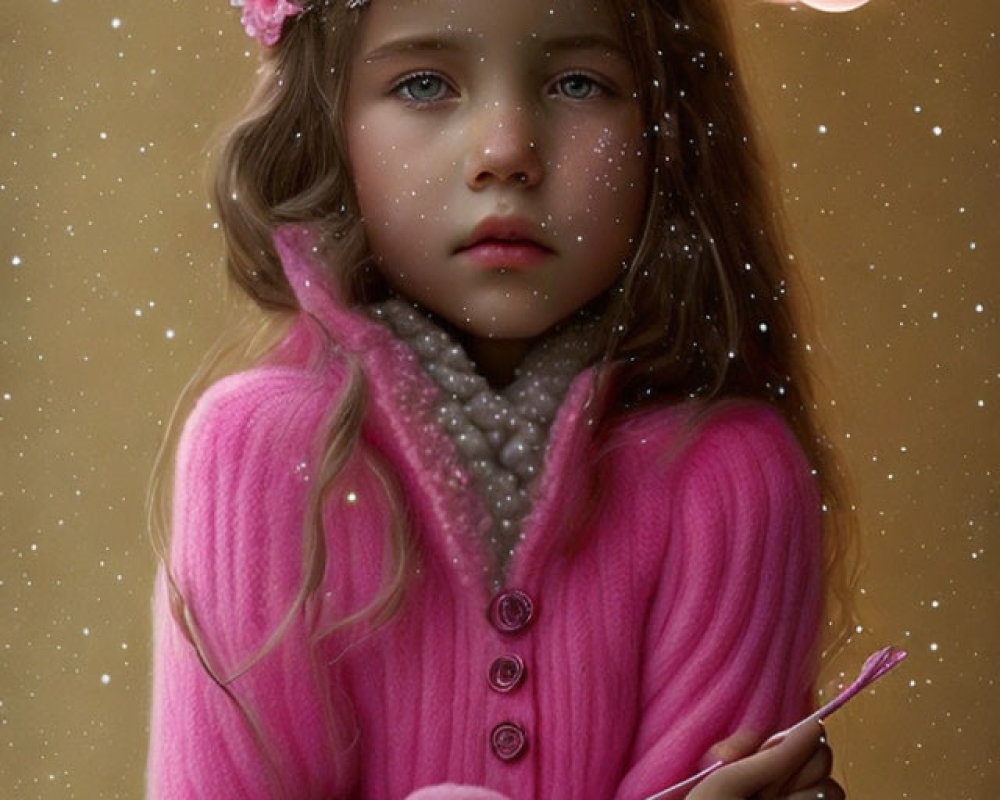 Young girl in pink sweater holding sparkly object surrounded by ethereal lights and planet image