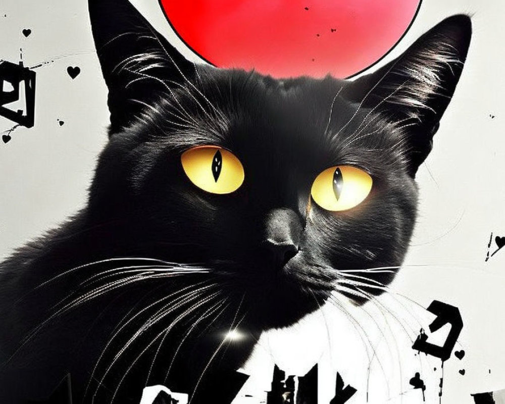 Black Cat with Yellow Eyes on Red and White Background with Symbols