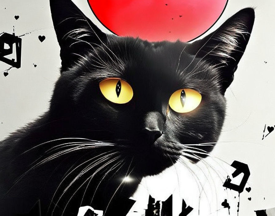 Black Cat with Yellow Eyes on Red and White Background with Symbols