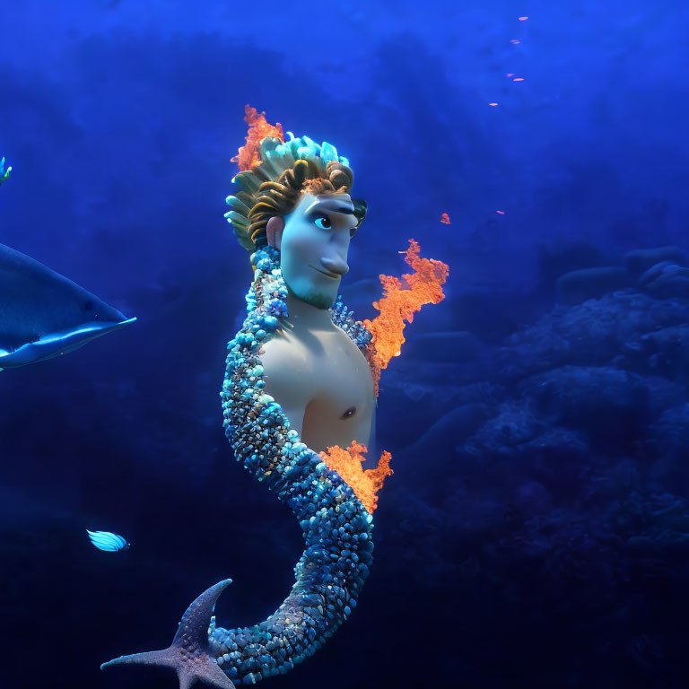 Male mermaid character with orange hair and tail, blue scales, and starfish accessory swimming underwater.