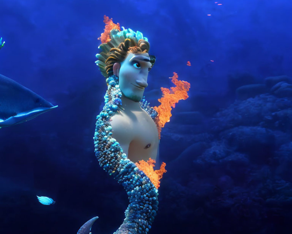 Male mermaid character with orange hair and tail, blue scales, and starfish accessory swimming underwater.