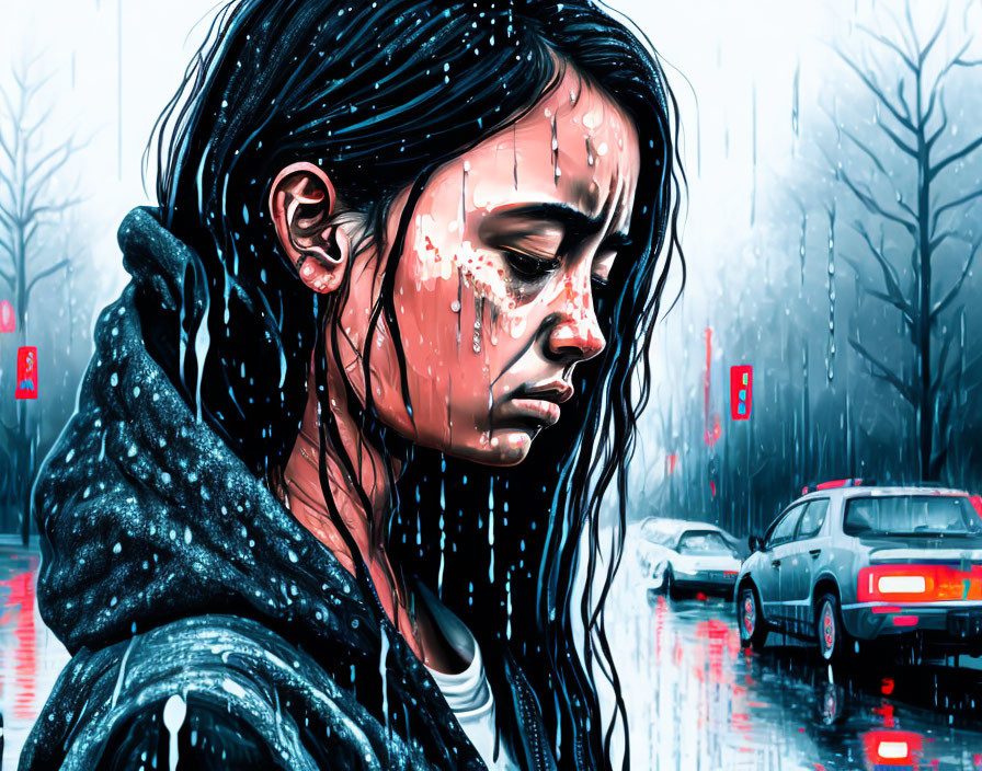 Digital artwork: Sorrowful young woman in rain with cars and traffic signs