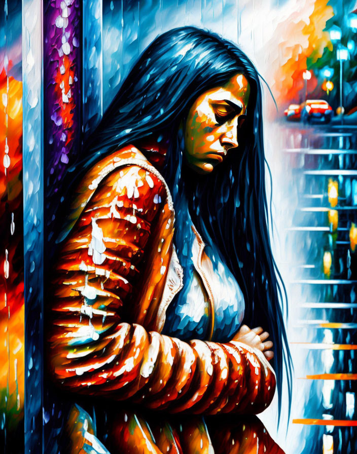 Vibrant painting of pensive woman in rainy cityscape