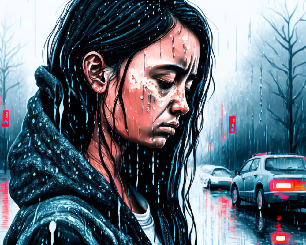 Digital artwork: Sorrowful young woman in rain with cars and traffic signs