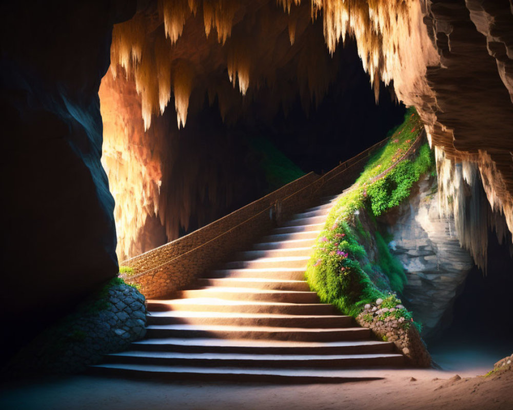 Stone Steps Leading to Tranquil Cave Entrance Surrounded by Greenery