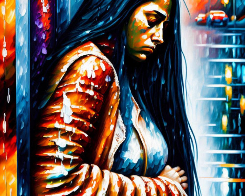 Vibrant painting of pensive woman in rainy cityscape