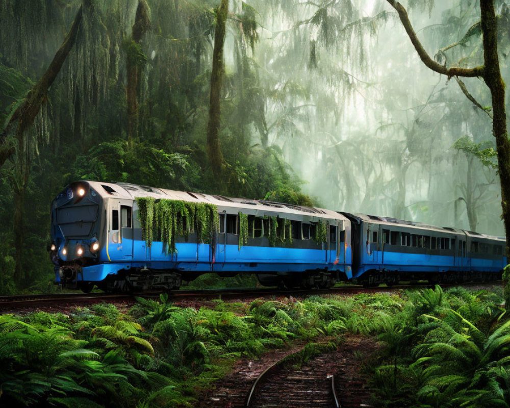 Blue Train Passing Through Ivy-Covered Forest