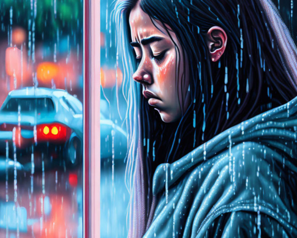 Woman standing in rain with city lights and passing car in background