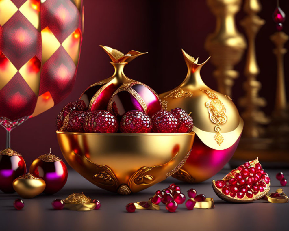 Elegant Golden Table Decor with Baubles, Pomegranate Seeds, and Balloons