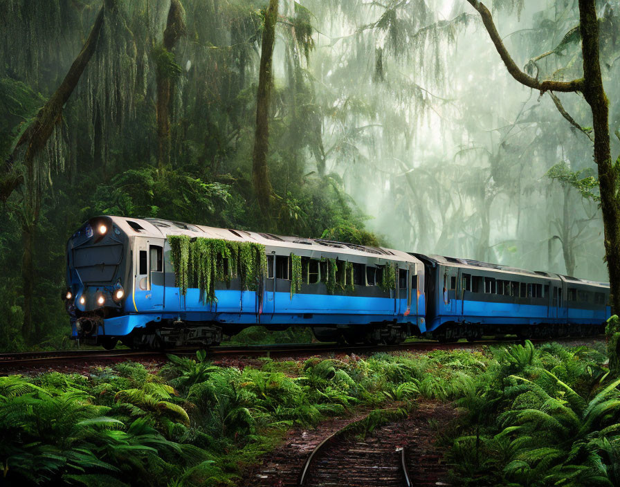 Blue Train Passing Through Ivy-Covered Forest