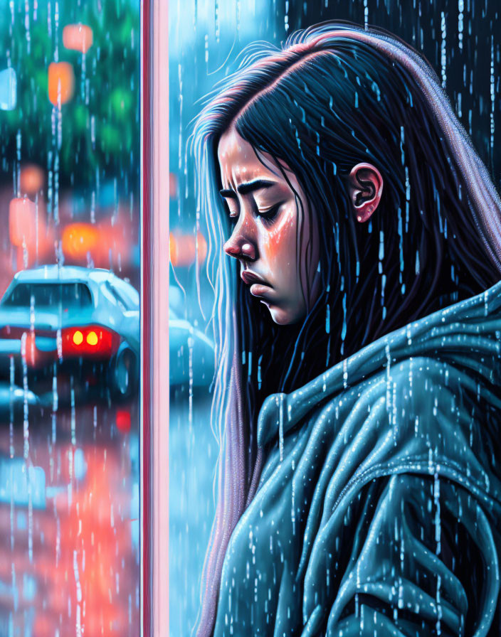 Woman standing in rain with city lights and passing car in background