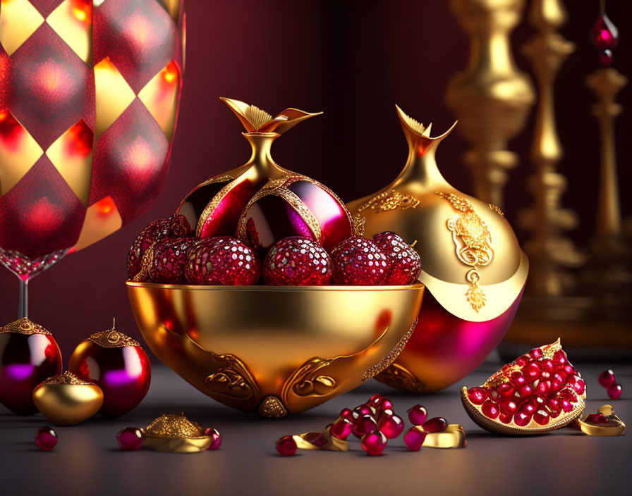 Elegant Golden Table Decor with Baubles, Pomegranate Seeds, and Balloons