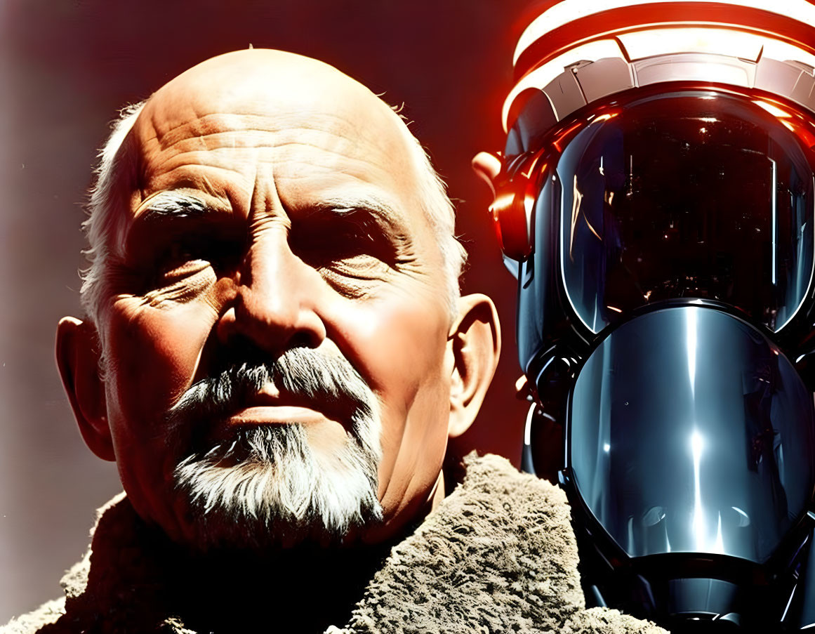 Elderly man with white beard and futuristic figure in contrasting tones