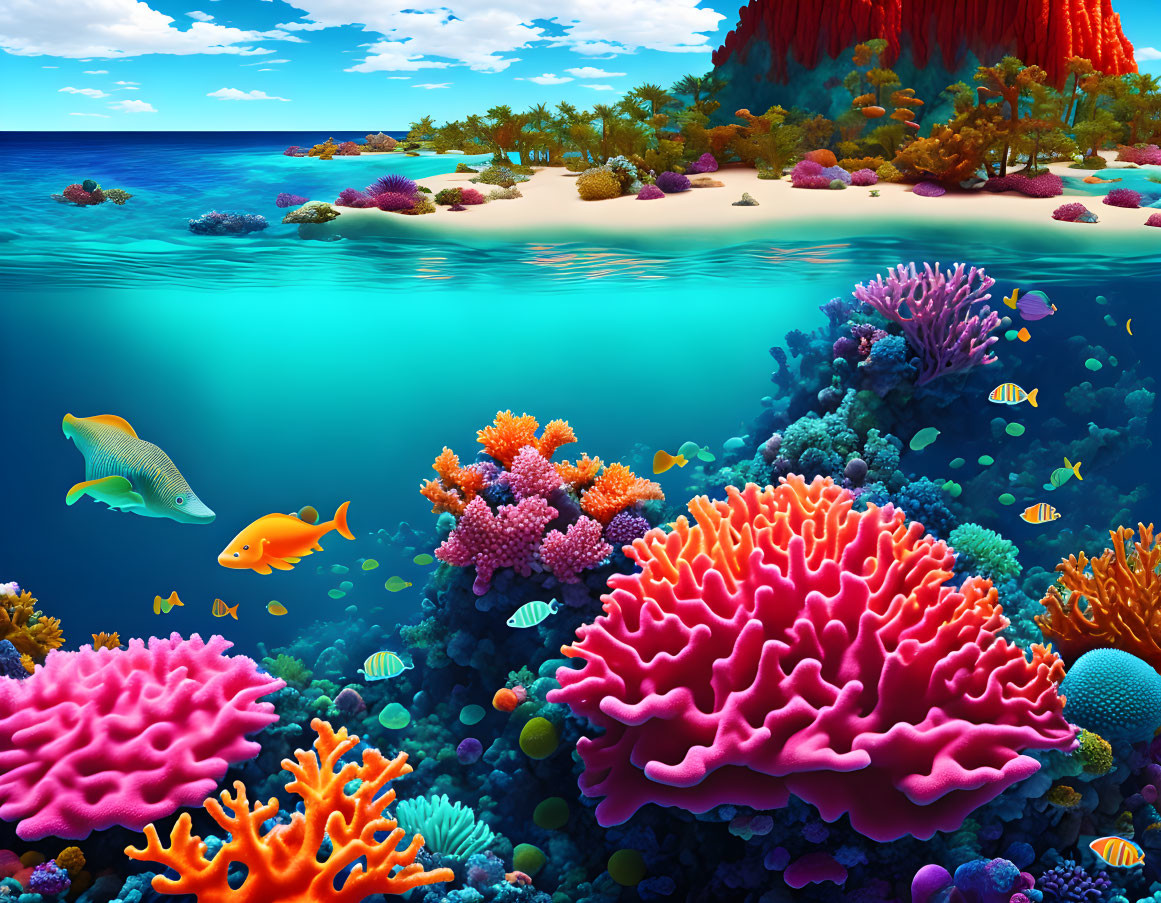 Colorful Underwater Seascape with Corals, Fish, Beach, and Cliff