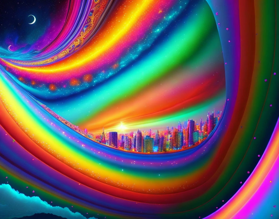 Colorful Digital Artwork: Aurora Sky & Futuristic City Silhouette