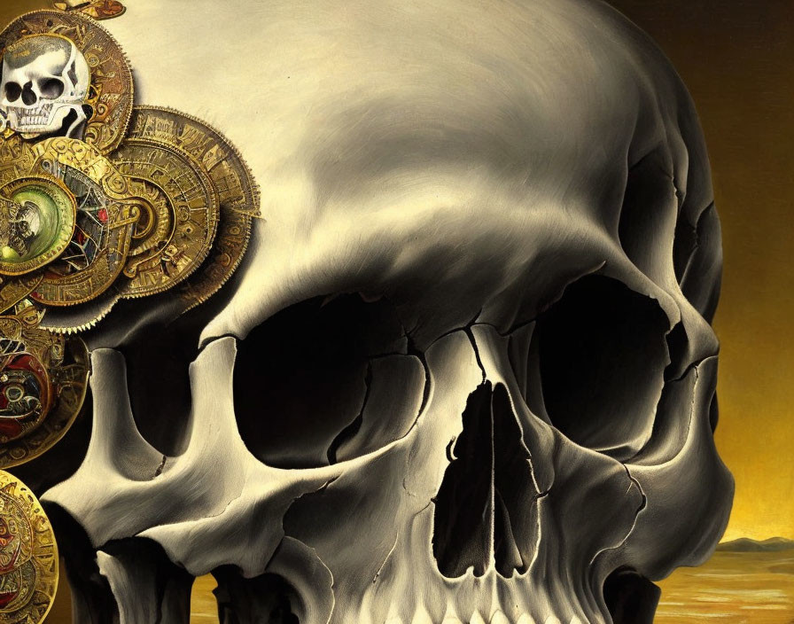 Hyper-realistic human skull painting with visible clockwork mechanisms on warm backdrop