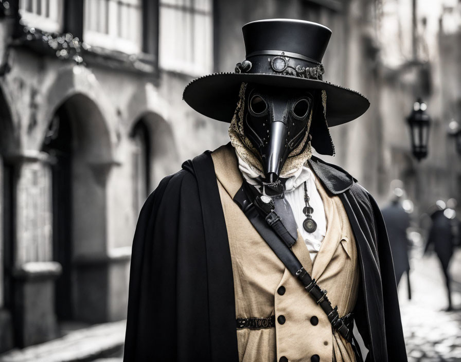 Historical plague doctor costume with beaked mask in old European alleyway