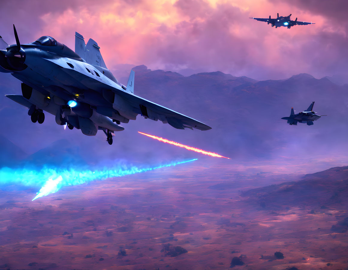 Fighter Jets Flying Low Over Mountain Terrain at Dusk