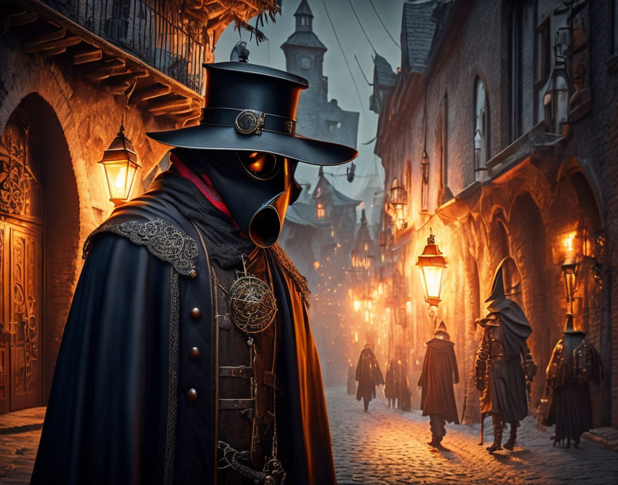 Plague Doctor Costume with Beaked Mask in Dimly Lit Street