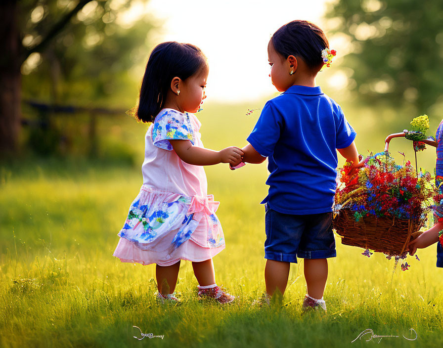 Two Children Holding Hands in Sunlit Field with Flower Basket