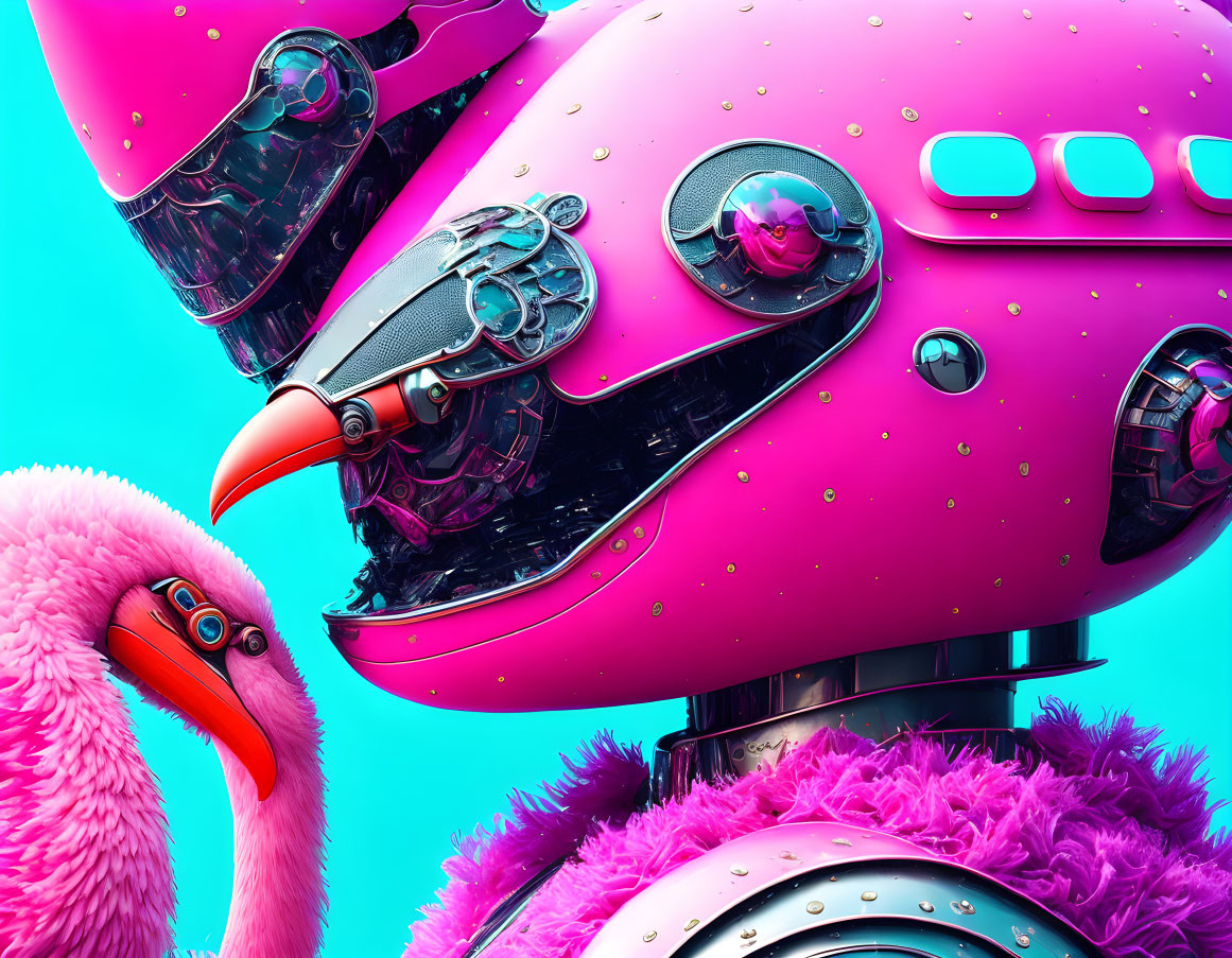 Detailed Pink Mechanical Flamingo Artwork Next to Real Flamingo