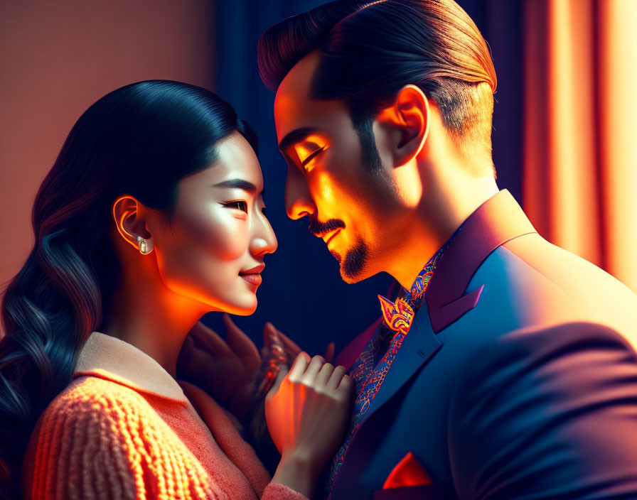 Romantic man and woman gazing with warm lighting