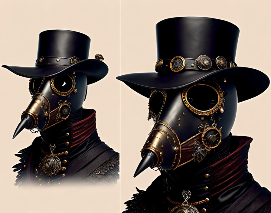 Victorian-era steampunk plague doctor mask with gears and top hat