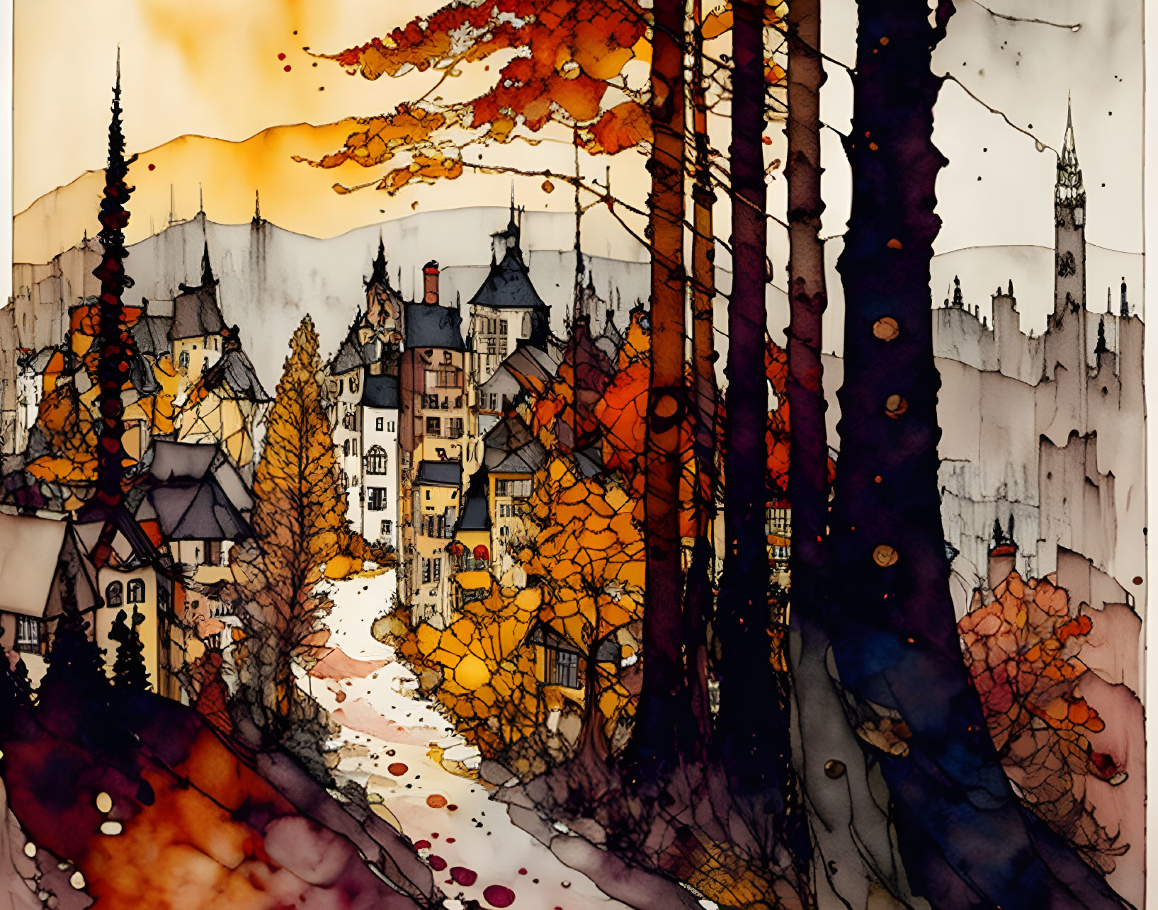 Colorful watercolor of autumn town and orange sky