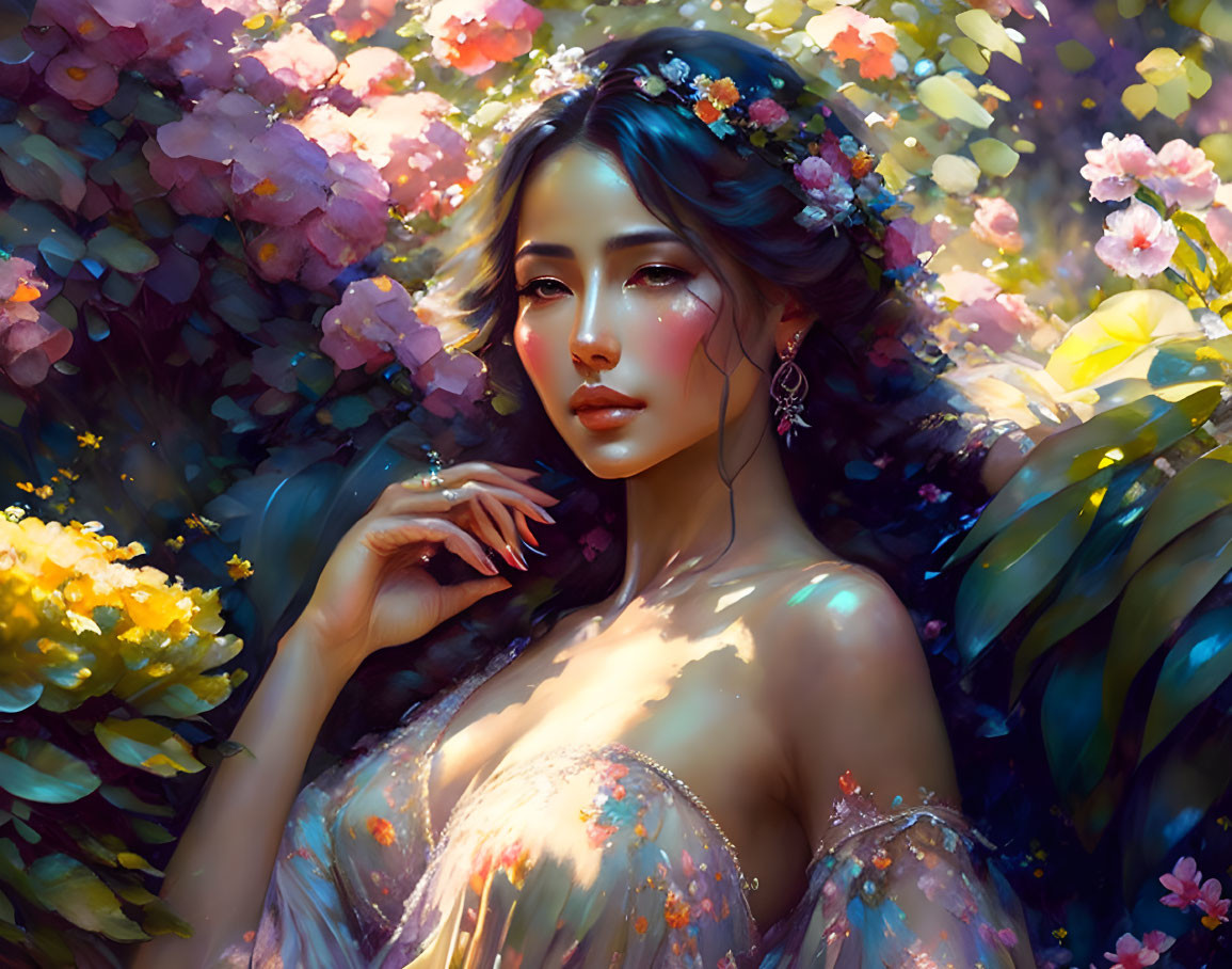 Woman with floral headpiece surrounded by colorful flowers in soft sunlight