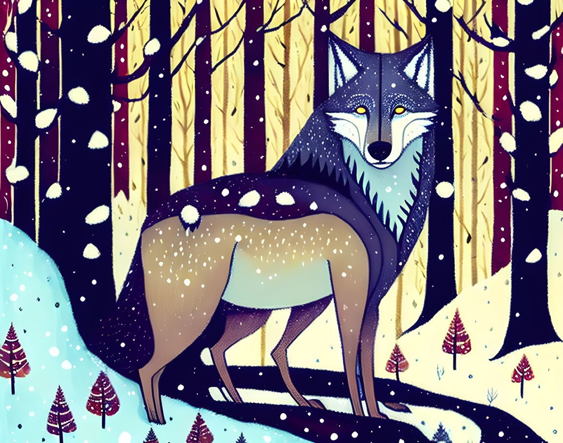 Blue and Brown Wolf in Snowy Forest Illustration