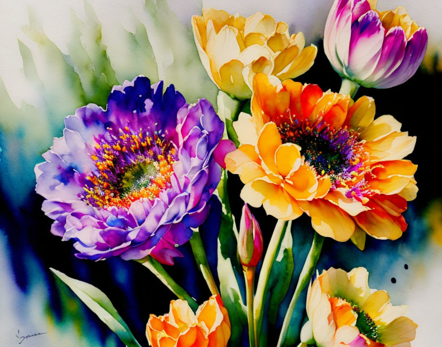 Colorful Watercolor Painting of Blooming Flowers in Orange, Purple, and Yellow